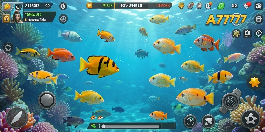 Tampilan gameplay A7777 dengan berbagai ikan dan senjata.