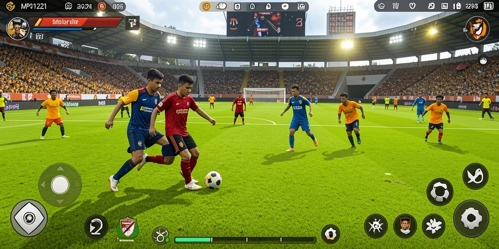 Screenshot utama MPO1221 menunjukkan aksi seru di lapangan sepak bola.