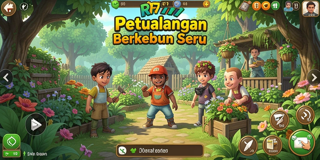 Tampilan gameplay RR777 menampilkan kebun yang luas dengan berbagai tanaman dan hewan.