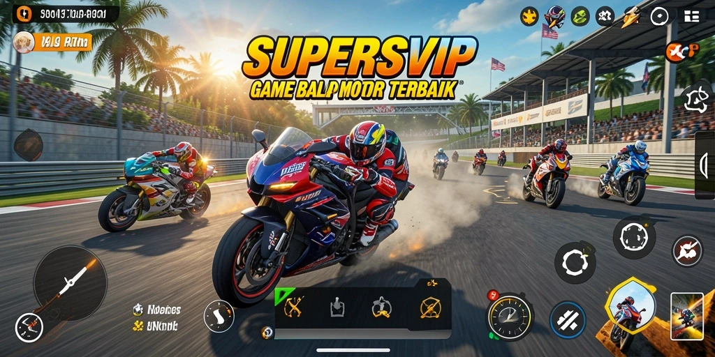Screenshot gameplay SUPERSVIP menampilkan balap motor yang seru dan mendebarkan.